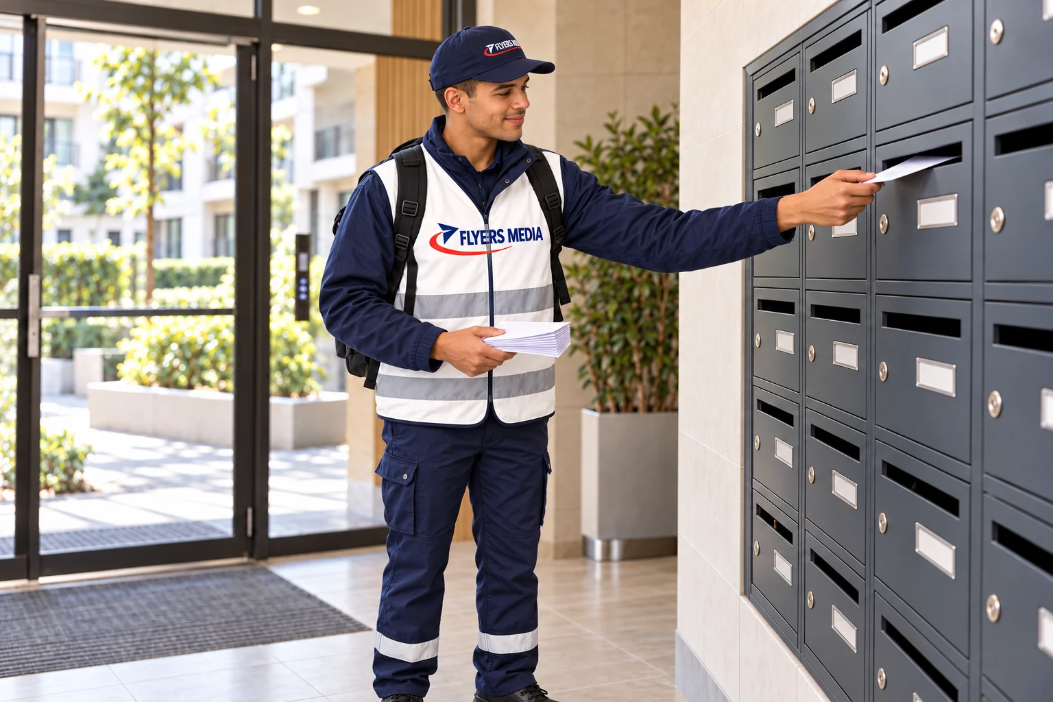 Un jeune distributeur en tenue Flyers Media effectue sa tournée — illustration
