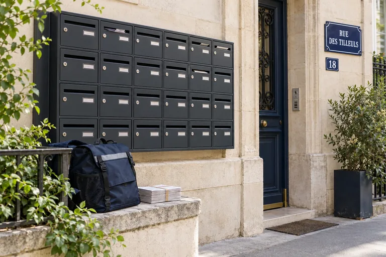 Batterie de boîtes aux lettres et plaque de rue — illustration