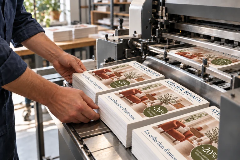 Finition et préparation de flyers dans un atelier d’impression